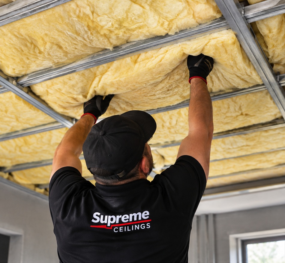 Installer fitting Aerolite Soft Touch ceiling insulation from underneath