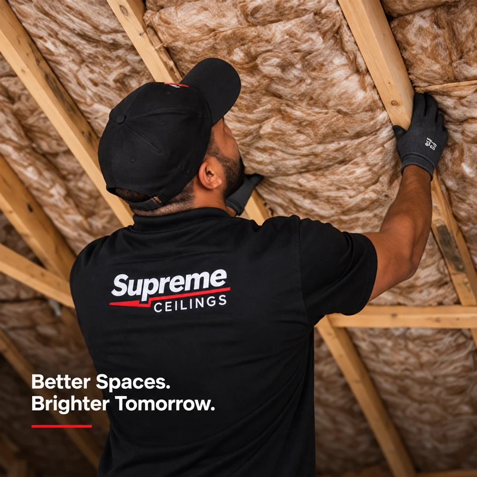 Professional installing Knauf ceiling insulation in a roof space