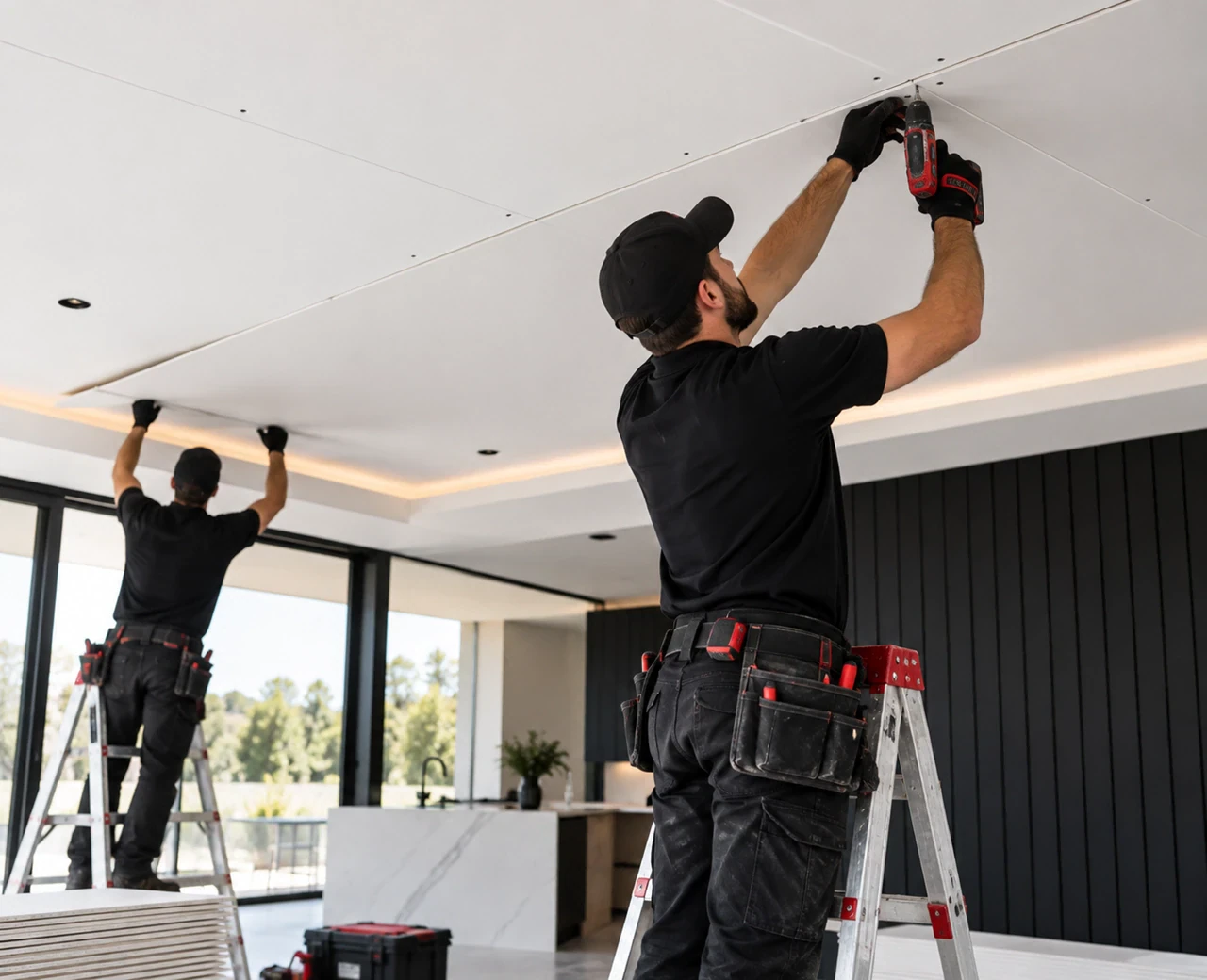 Professional ceiling installers fitting ceiling boards